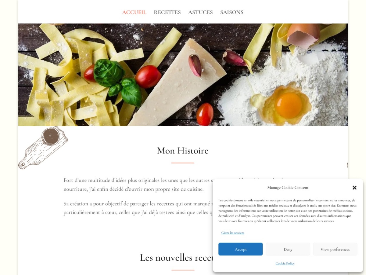 Page d'accueil de Marcus Cuisine, un site de recettes avec photo de pâtes fraîches faites maison en hero