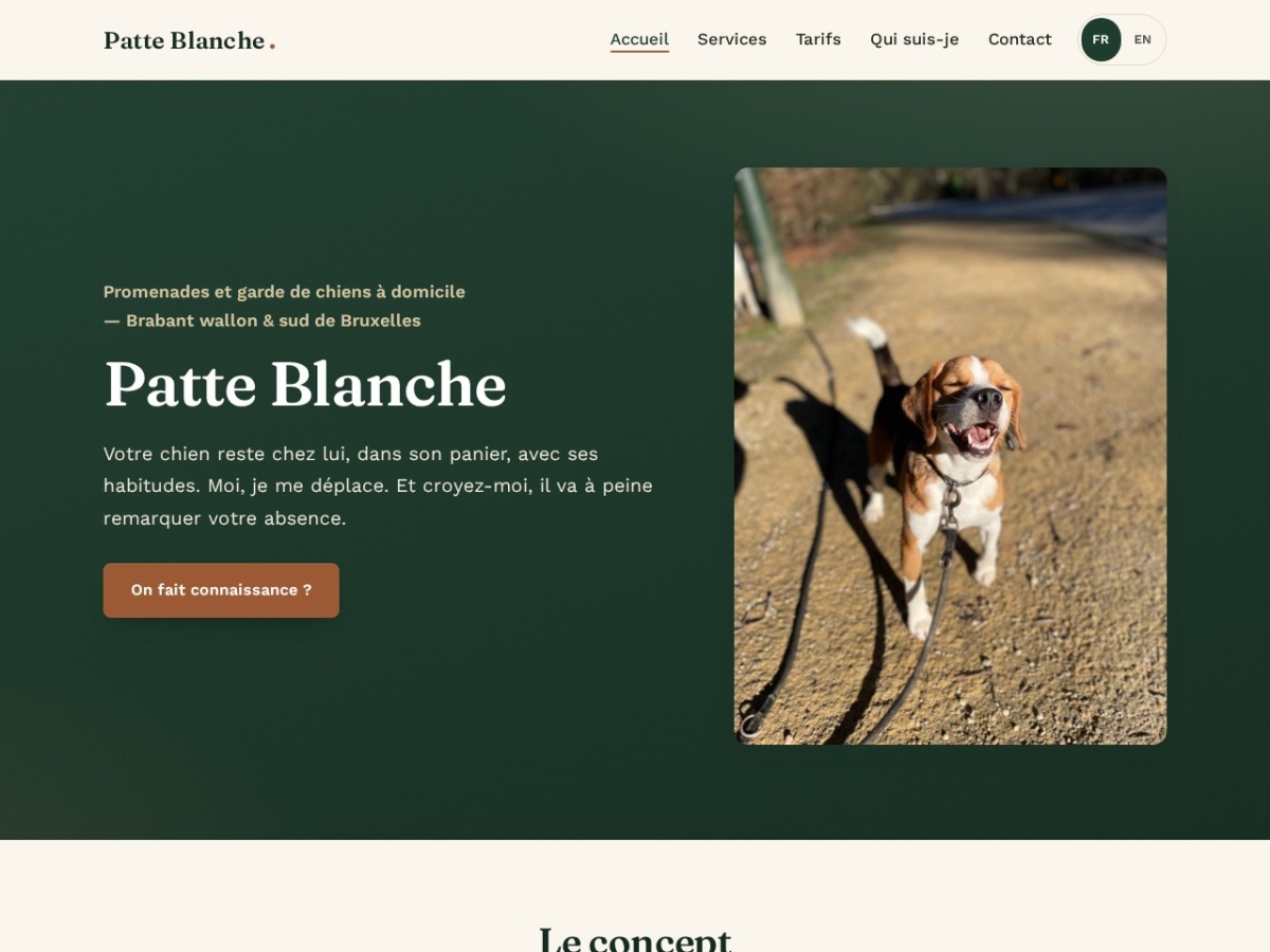 Page d'accueil de Patte Blanche, promenades et garde de chiens à domicile en Brabant wallon